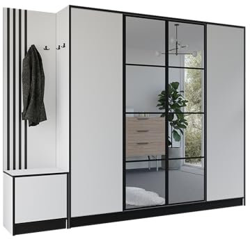 KIER FURNITURE Flurgarderobe Modern - Garderobenschrank mit Sitzbank, Haken und Schuhschrank - Flur Möbel Geräumig und Stilvoll - BxHxT 259,6x205x39cm - Weiß