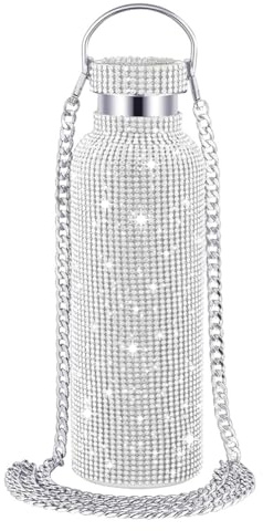 Blmirror Bling Wasserflasche Silber Strass Glitzer Flasche mit Kette Strassbesetzte Edelstahl Thermosflasche 500ml