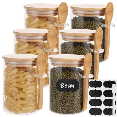 LOLYSIC 6 Pack Glass Jars with Bamboo Lids and Spoons, 500ml 17oz Airtight Glass Overnight Oats Containers with Label and Pen, Kitchen Glass Storage Jar for Salt Sugar Nuts Tea Coffee Spice Canisters