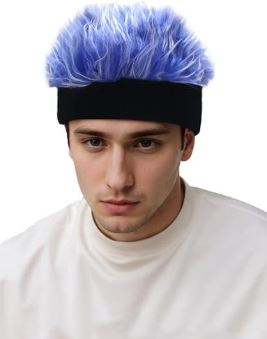 SEAUR Fake Haar Mütze Verstellbarer Hut mit Stachelperücken Beanie Mütze mit Haarperücke Herren Perücke Hip Hop Hut Blau