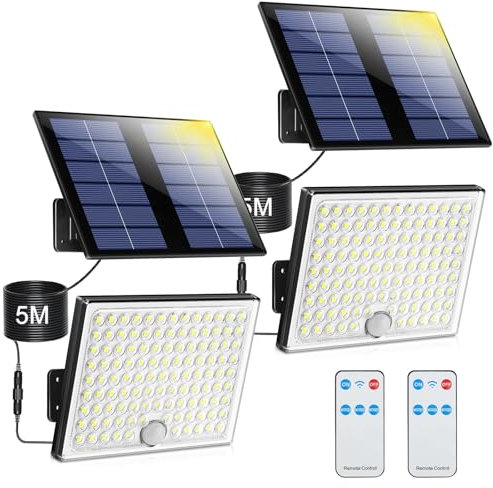 Solarlampen für Außen mit Fernbedienung,Außenlampe mit bewegungsmelder,IP65 Wasserdichte Solarleuchte mit 5m Kabel für Garage, Garten, Hof, Stufen, Haustüren, Rasen- 2 Stück Warmweiß