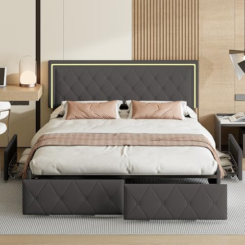 BHFFTHK Polsterbett 140x200 mit LED Beleuchtung,Doppelbett mit 4 Stauraum Schubladen und höhenverstellbares Kopfteil,Stauraumbett Jugendbett Bettgestell mit Lattenrost aus Holz,PU Grau