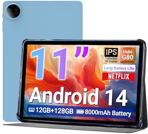 DigiLand Tab R11 Android 14 – 11 Tablet, MTK MediaTek Helio G80 Octa-Core Processor, 11 HD IPS Touchscreen, 12-Hour Battery, Bluetooth 5.0, 8MP + 13MP Dual Cameras, Stand Case, Wi-Fi 6, Blue