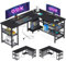ODK L Shaped Gaming Desk, 150 X 102 cm Reversible Computer Desk with 2 Sockets and 2 USB Charging Ports, Corner Desks with Storage, Gaming Table Carbon Fiber Black