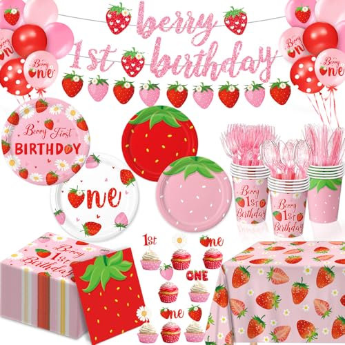 Berry First Birthday Decor Strawberry 1st Birthday Decorations for Plates, Napkins, Cups, Cutlery, Cupcake Toppers, Banner, Tablecloth, Balloons for Girls Strawberry Party Decorations, Serve 20