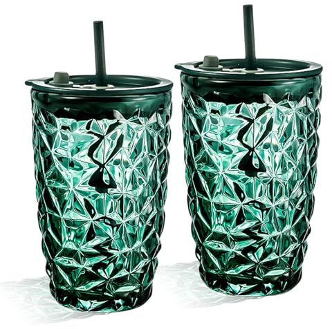 Vaso con tapa y pajita, 400 ml, vaso con pajita, vaso de cristal con tapa y pajita, taza de té de burbujas con tapa y pajita para capuchino, latte, té, helado, té helado, helado