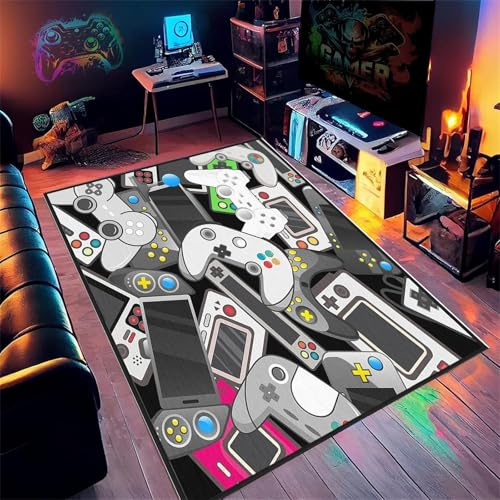 AOESELN Gamerkids Area Rug,60x110cm,Black White Gamepad Rugs,Non-Slip Game Console Carpet,Boys Bedroom Rectangular Printed Carpet,Soft,Machine Washable Non-Slip Mat,for Living Room and Boy's Bedroom