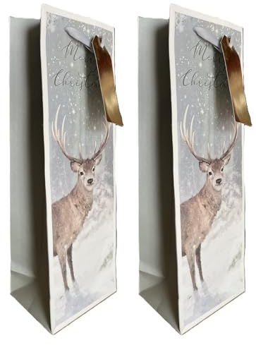 Design By Violet Christmas Wine Bottle Gift Bags, Winter Stag Design, Pack of 2