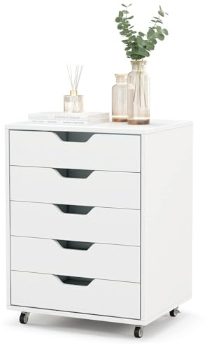 FANTASK Schubladenschrank mit Rädern, Rollcontainer, mobiler Schrank mit 5 Schubladen für Zuhause, Weiß