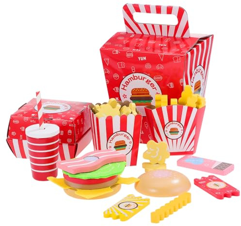 WEKAMOS Holzspielzeug Fast Food Set Kinderküche mit Hamburger und Pommes Farbenfrohes Lernspielzeug für Spielerische Farb und Formwahrnehmung Sicheres Material Interaktives Rollenspiel