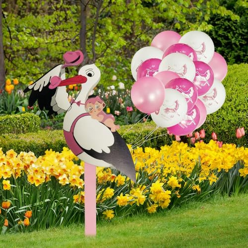 HuaMuDM Klapperstorch Set zur Geburt Baby, 89 cm hoch Babystorch, 15Pcs Neugeborene Balloon, Geburt Babystorch für Draußen, Holzstorch Zur Geburt, Großer Storch aus Holz