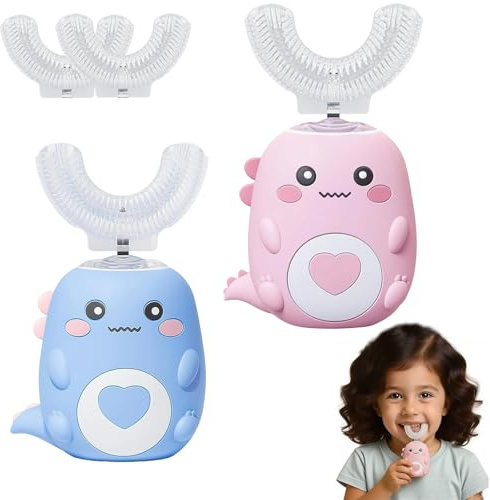Lulabini DinoBrush 360° Ultraschall-Zahnbürste, Dino Brush Zahnbürste Mit 3 U-Förmigen Silikon, Ultraschallzahnbürste Kinder Mit LED Licht Sanft, Sicher und Macht Spaß (B+P)