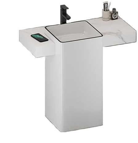 Standwaschbecken Badezimmer-Waschtisch mit Schiefer-Arbeitsplatte und Keramikwaschbecken, moderner, minimalistischer quadratischem Waschbecken, Wasserhahn/Abfluss/Einlassrohr/Eckventil(90cm)