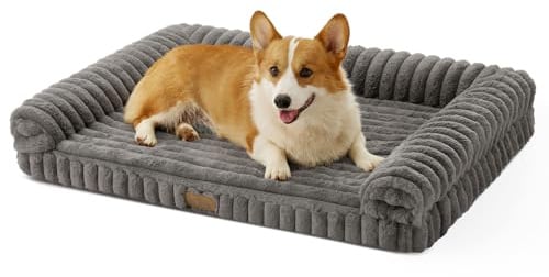 COZY KISS Orthopädisches Hundebett Grosse Hunde, 91x69x17cm, Waschbar, Grau | Wasserdichtes Hundesofa mit Eierkarton-Schaum, Weichem Kunstfell & Cordbezug Hundebetten, Abnehmbar & Waschbar Hundekorb