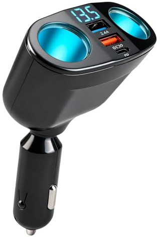 Double Prise Allume Cigare Chargeur Voiture Allume Cigare Multiprise Adaptateur 12V/24V 120W Double USB et Type-C avec QC3.0 PD Charge Rapide Voltmètre LED 360 Degrés pour Téléphone GPS Caméra