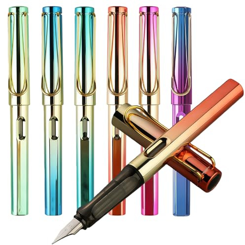 Yolkify Fountain Pen, Fountain Pens for Writing, 6Pcs Colorful Body 0.5mm Fine Nib Smooth Writing Comfortable Grip Calligraphy Pen for Office Home School Supplies Sketching Journaling Lettering Text