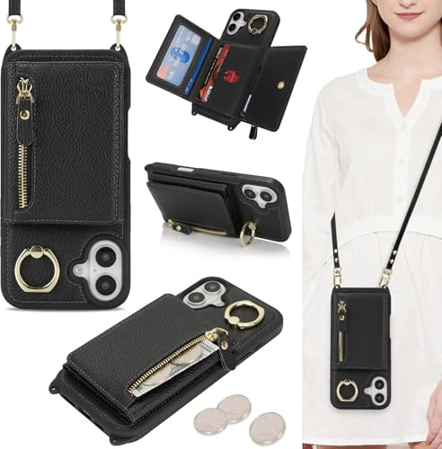 ELTEKER Coque pour iPhone 17 Etui avec Cordon Collier Sangle réglable,avec Anneau Étui iPhone 17 Portefeuille avec Porte Carte Pochette - Noir