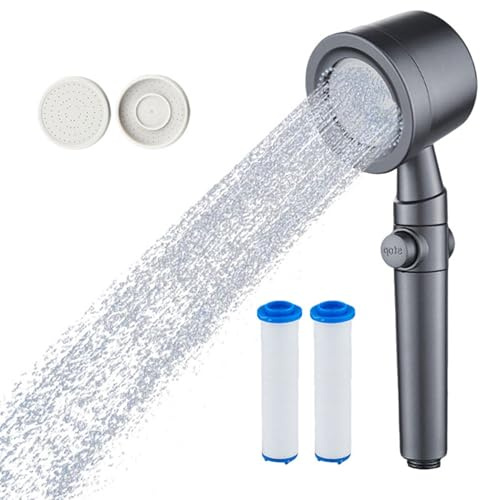 Filtered Shower Head for Hard Water, 360° Flip Dual-Core 4 Modes, Anti-Limescale Handheld Spray, Stop Button, Visual PP Cotton Filter, Universal Fit (Gunmetal Grey)