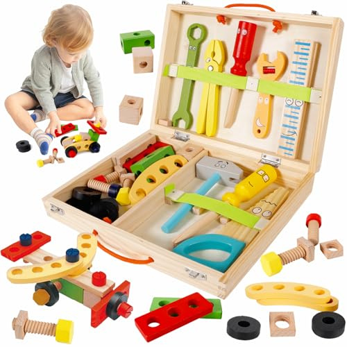 XUNIVERS Werkzeugkoffer Kinder Kinderspielzeug,34 Stück Werkzeug Kinder Holz Holzbaukasten,Lernspielzeug Werkzeug Koffer für im Alter von 3 4 5 6 7 8 Jahren Junge Mädchen Geschenk