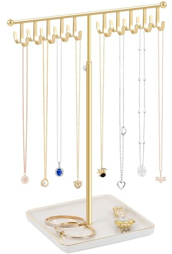 PABOBIT Necklace Holder Elegant Jewelry Holder Stand, Gold Necklace Organizer Rack with Ceramic Base Adjustable Jewelry Tree for Bracelets, Rings, Earrings Necklaces Hanger Display(Gold)