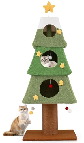 COSTWAY Arbre à Chat XXL de Noël 162 cm, 3 Condos, Ø19 cm Poteau à Griffer en Sisal, Arbre a Chat Maine Coon, Couvercle Amovible, Étoile en Sommet, Tour pour Chaton à 4 Niveaux, Pompons (162 cm)