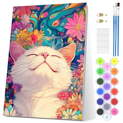 EOBROMD Pintar por Numeros Adultos, Gatos Pintura por Numeros con Marco, Flores Kit de Pintura al óleo de Lienzo DIY para con Pinceles, Pigmento Acrílico, Decoración para el Hogar 20x30cm