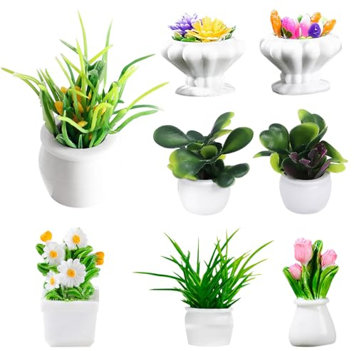 Simsky 8-teiliges Set Puppenhaus Miniaturpflanzen, Mini Topfpflanzen & Blumentöpfe im Maßstab 1:12 - Künstliche Bonsai & Blumen als Deko für Feengarten, Puppenstube, DIY-Projekte und Modellbau