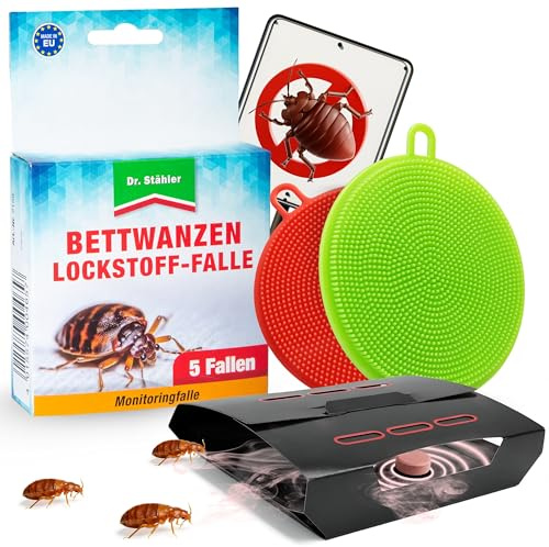 Trampa adhesiva para chinches [5 unidades] para combatir y detectar temprano, trampa libre de insecticidas contra chinches en casa, camping y hotel + esponja de silicona BAMALUN Hygiene