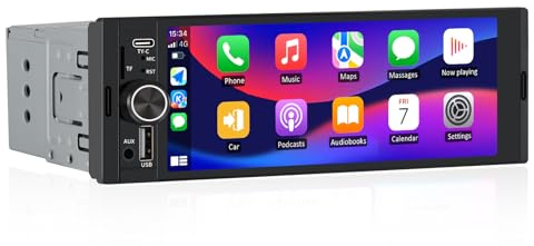 Junsun Smartes 1 DIN Autoradio mit 6,36 Zoll Touchscreen mit Rückfahrkamera | wired and wireless CarPlay und Android Auto, Lenkradsteuerung, SD Slot USB Anschluss, externes Mikrofon