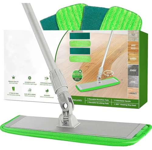 45CM Dust Mop with 4 Reusable Pads for Hardwood and Tile, Mop Floor Cleaning System, 360-Spin Floor Mop Head & Extendable Handle, Household Cleaning Tools