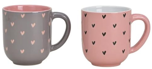Seyila Home Keramik-Tassen-Set mit Herz-Dekor, Rosa & Grau, 2-teilig, je ca. 400 ml, für Kaffee & Tee, Geschenk für Valentin, Hochzeit oder Muttertag