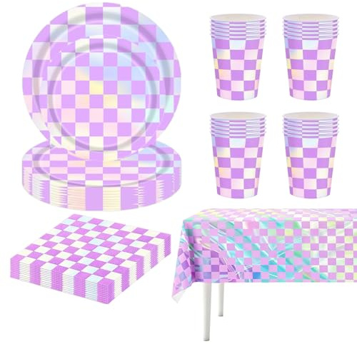 81P Colorful Laser Foil Paper Party Tableware Set,Purple Checkered Sparkling Party Paper Plates Napkins Cups for Birthday,Sparkling Checkered Tablecloth for Christmas Dinnerware Wedding,Baby Shower