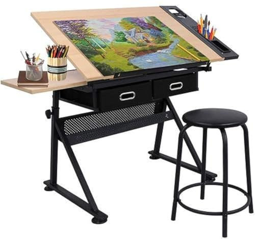 BBBuy MDF-Tisch zum Zeichnen und Zeichnen, faltbar, verstellbar, mit Hocker und 3 Schubladen natur