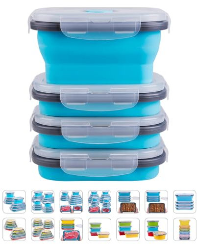 Silicone Collapsible Food Storage Containers with Airtight Lid and Vent Valve, Stacking Bento Lunch Box Foldable Thin Bins, Microwave & Freezer & Dishwasher Safe, Blue, Small, Set of 4