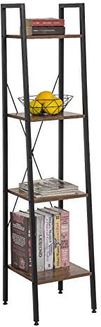 eSituro Scaffale Libreria a Scala Scaffale Porta oggetti in Acciaio Legno 4 Ripiani Design Industriale Scaffalatura Multifunzionale per Cucina Soggiorno Nero+Noce SSTR0054