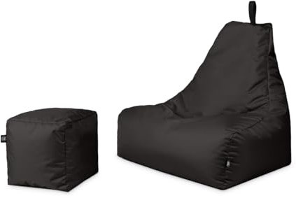 PATCH HOME Patchhome Sitzsack Lounge Sessel + Würfel/Hocker mit Reißverschluss Gamer Sitzkissen fertig mit Styropor Füllung befüllt H:82cm | T:70cm | B:75cm + 35x35cm Würfel Schwarz