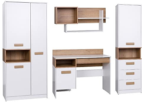 Marmex Kinderzimmer Komplettes Set Grant A, im Set: Kleiderschrank G1, Schreibtisch G2, Geschlossener Büchregal G6, Wandregal G3 - Farbe Weiß + Riviera Eiche