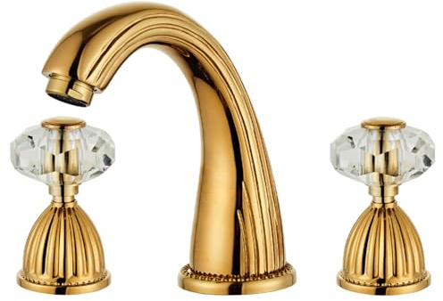 Rubinetto per lavabo dorato e ottone anticato, modello a tre fori con maniglie in cristallo, stile rétro/vintage