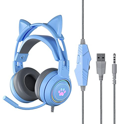 Ruilonghai Cat Ear Headphones - Headset with Microphone, Detachable Cat Ear Headphones Headset With Lights, Noise Canceling Over Ear Headphones for Women Girls (, Blue)
