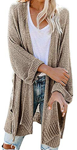 Cardigan da donna lungo in cotone, cappotto a maglia, oversize, a maniche lunghe, da montagna, aperto sul davanti, cardigan per autunno e inverno, cachi, S