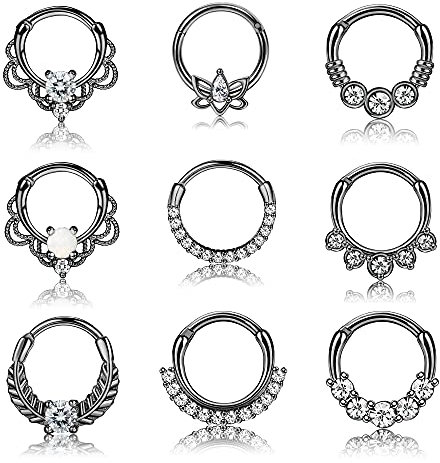 Kakonia 9Stk Septum Piercing Chirurgenstahl für Damen Herren 16G Zirkonia Nasenpiercing Ring Tragus Helix Daith Piercing Schmuck Schwarz Septum Clicker Ring Set 8MM