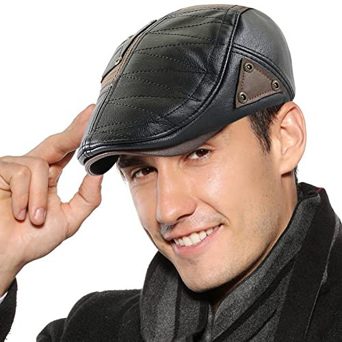 AIEOE Herren Schirmmütze PU Leder Baskenmütze Vintage Schiebermütze Männer Flat Cap Schwarz 01