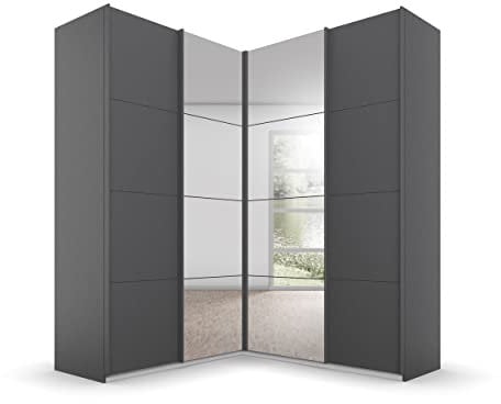 Rauch Möbel Quadra Schrank Eckschrank Schwebetürenschrank, Grau metallic, Schwarz, 4-trg. mit Spiegel, inkl. 2 Kleiderstangen, 12 Einlegeböden, 3 Schubladen, BxHxT 181x229x187 cm