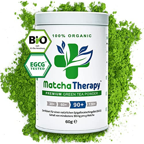 MatchaTherapy 90+ | BIO Matcha Tee Pulver | 60g | Mit mindestens 90mg/g geprüftem EGCG-Catechin-Gehalt | Unterstützt Immunsystem & Energie-Level | Ceremonial Grade | Grüntee aus Japan