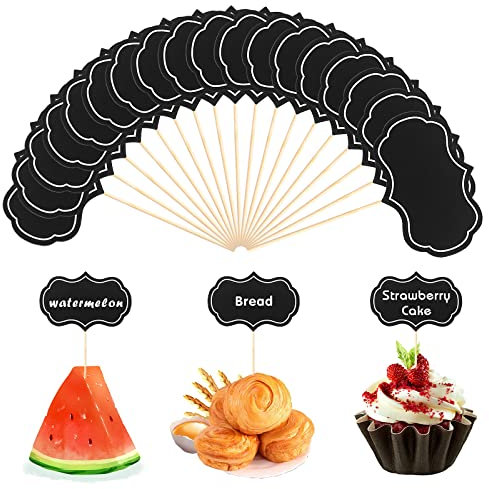 Grevosea 30 Stück Cupcake Toppers Tafel Tischkarten Chalkboard Cupcake Picks Preisschilder Mini Tafel Set für Buffet Käsemarker Kuchen Topper Blank Zahnstocher Fahnen für Party Hochzeit Geburtstag