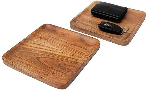 Plogis Bandeja Cuadrada de Acacia - Juego de 2 Bandejas Decorativas de 20 x 20 cm - Tabla Alargada y Rectangular de Madera