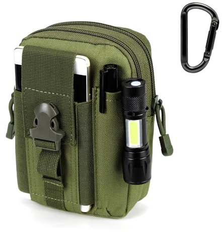PISCORUSH Taktische Hüfttaschen, MOLLE EDC Hüfttasche Outdoor Gürteltasche Bauchtasche Handytasche Tragetasche für Smartphone, Kompakt und leicht (Mit einfachem Karabiner, Olivgrün)