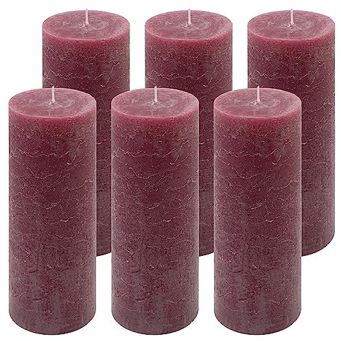 Rustik-Kerze Höhe 20 cm Ø 7,5 cm lange Brenndauer Rund-Kerze Säulenkerzen Kerzen-Deko Tafelkerzen Weihnachts-Kerzen Hochzeits-Deko (bordeaux, 6)