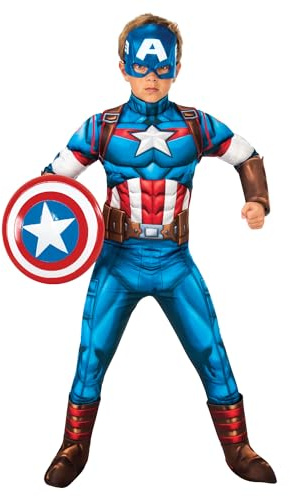 Rubies Captain America Deluxe Kostüm für Jungen und Mädchen, Jumpsuit mit gepolsterter Brust, Stiefelstulpen und Maske, offizielles Marvel-Kostüm für Karneval, Weihnachten, Geburtstag, Party und