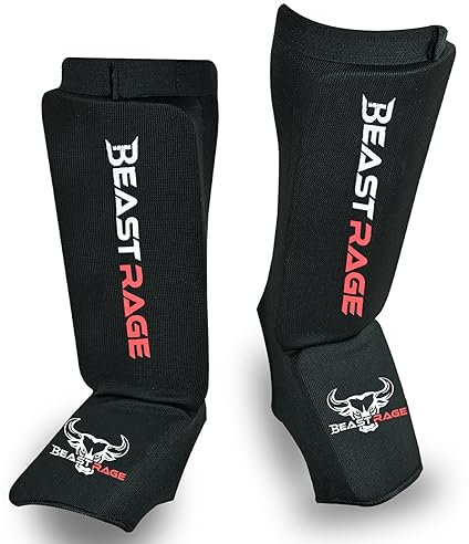 BEAST RAGE Protège-Tibias pour Muay Thai, Kickboxing, MMA, Taekwondo, Boxe, Arts Martiaux, Chaussettes élastiques rembourrées, Coussinets de Protection du Cou-de-Pied, protège-Tibias (L, Noir Rouge)
